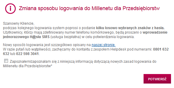 Zmiana sposobu logowania do Millenetu dla Przedsiębiorstw