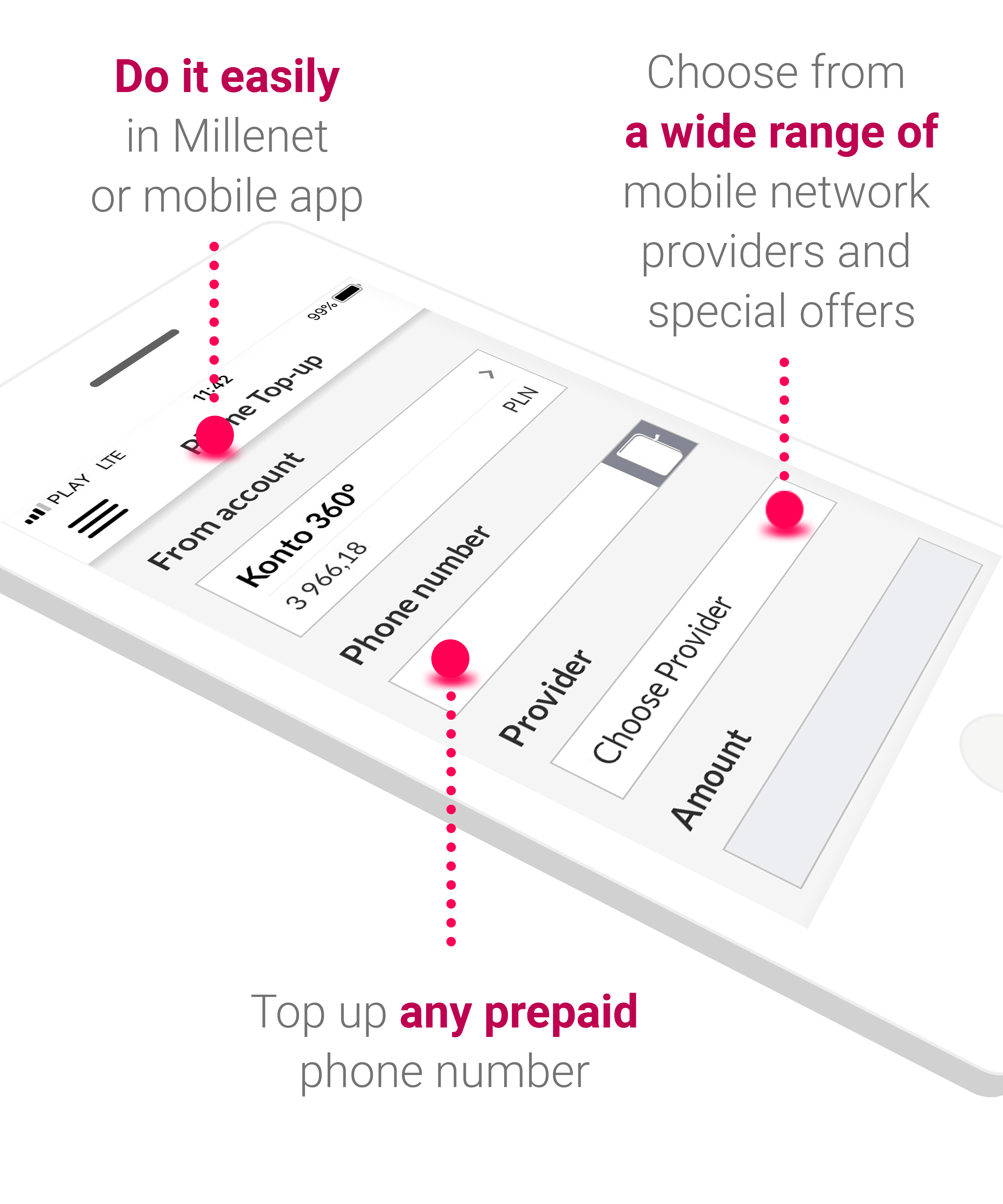 How to top up a phone? Do it easily in Millenet or mobile app. Top up any prepaid phone number. Choose from a wide range of mobile network providers and sepcial offers.