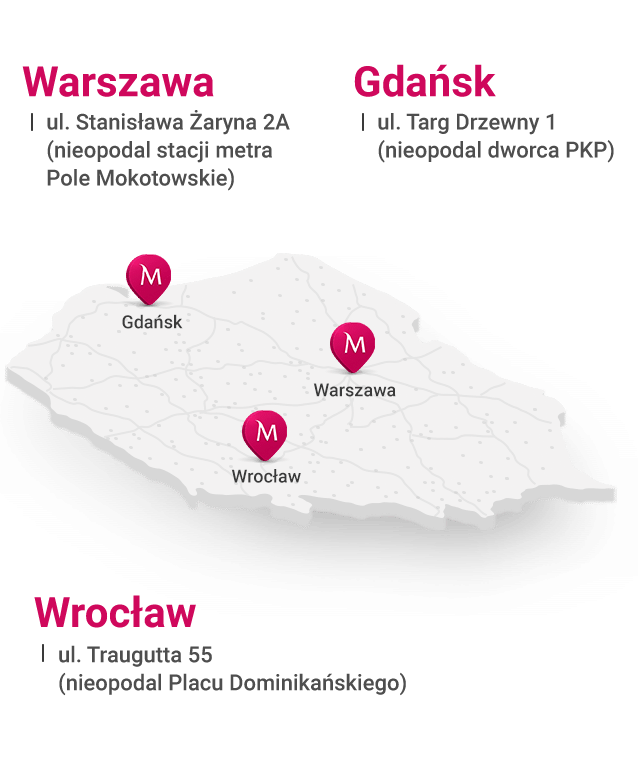 WARSZAWA ul. Stanisława Żaryna 2A (nieopodal stacji metra Pole Mokotowskie), WROCŁAW ul. św. Mikołaja 72 (okolice rynku), GDAŃSK Targ Drzewny (nieopodal dworca PKP)