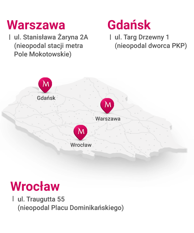 WARSZAWA ul. Stanisława Żaryna 2A (nieopodal stacji metra Pole Mokotowskie),  WROCŁAW ul. św. Mikołaja 72 (okolice rynku), GDAŃSK Targ Drzewny (nieopodal dworca PKP)