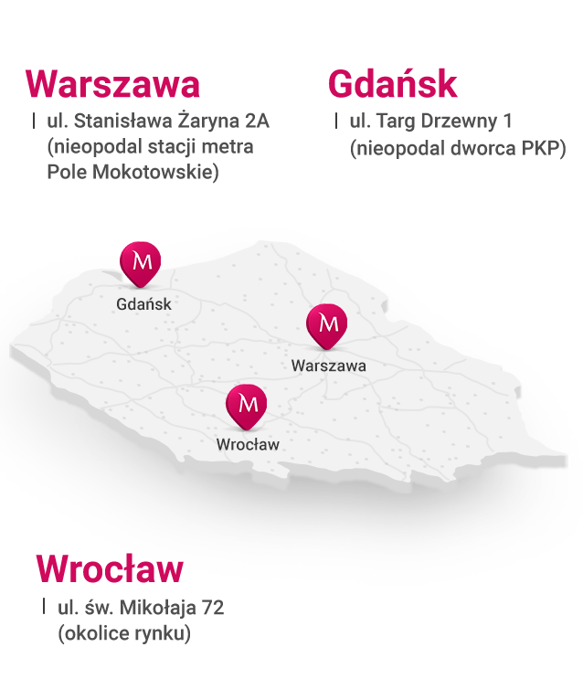 WARSZAWA ul. Stanisława Żaryna 2A (nieopodal stacji metra Pole Mokotowskie, WROCŁAW ul. św. Mikołaja 72 (okolice rynku), GDAŃSK ul. Wały Jagiellońskie 10/16 (nieopodal dworca PKP)
