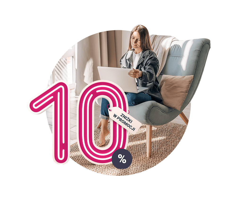 Zdjęcie kobiety na fotelu, a obok grafika 10% zniżki w promocji.