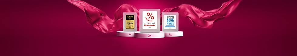 Logotypy 3 nagród na postumentach: Przyjazny Bank Newsweeka 2025, Forbes Najlepszy Bank dla Zamożnych 2025, Forbes Bank Przyjazny Firmie 2025. W tle powiewająca magentowa wstęga.